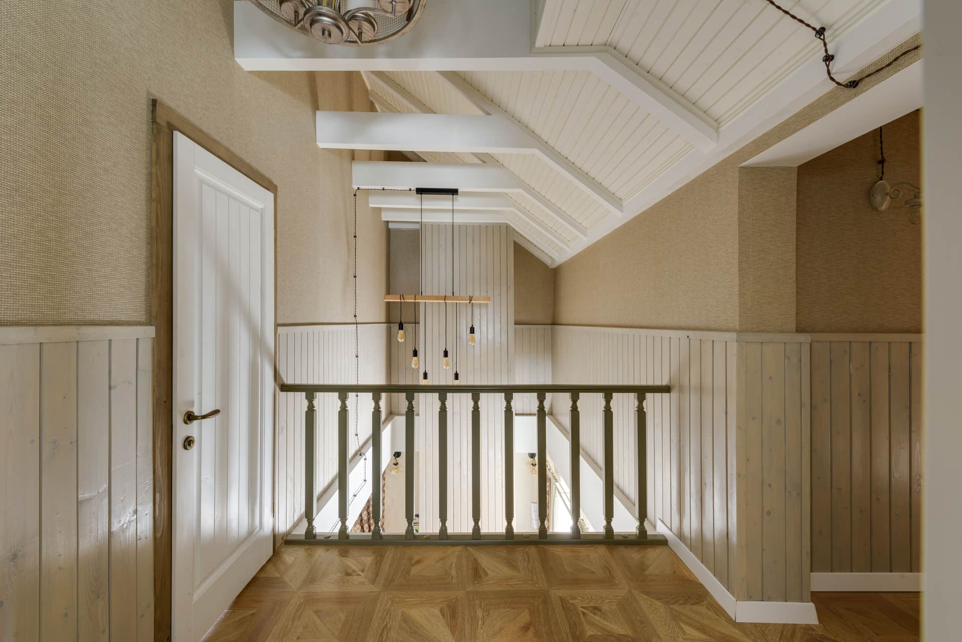 Upstairs hallway ceiling with bedroom doorways on either side